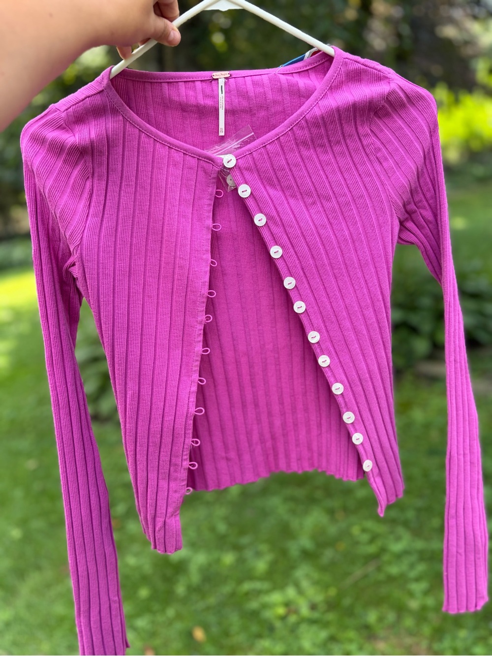NWT Free People Ribbed Button-Front Cardigan in Fuchsia Pink XS